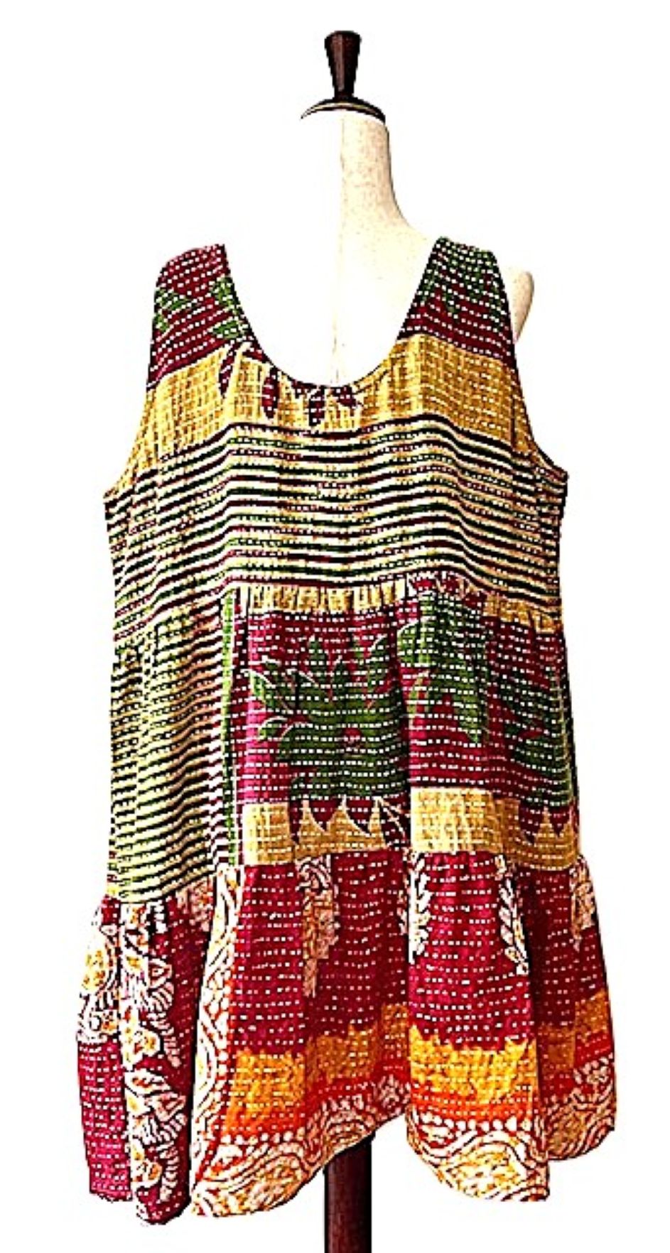 Kantha Bae Quilted Meadow Mini Dress. Comfortable Chic (Olive Red)