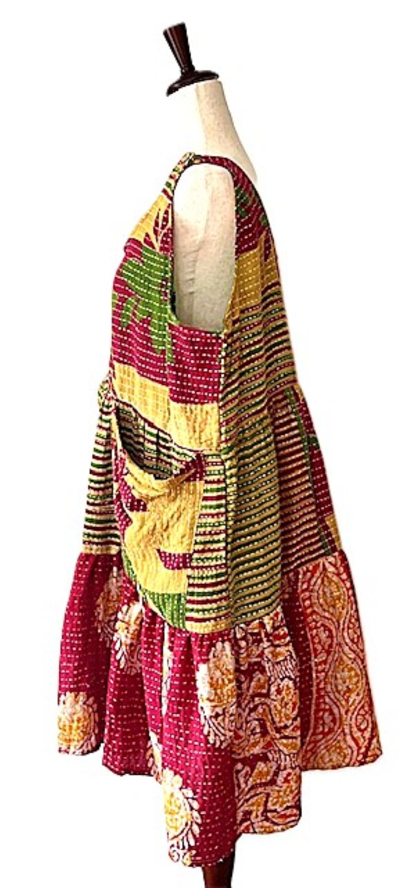 Kantha Bae Quilted Meadow Mini Dress. Comfortable Chic (Olive Red)