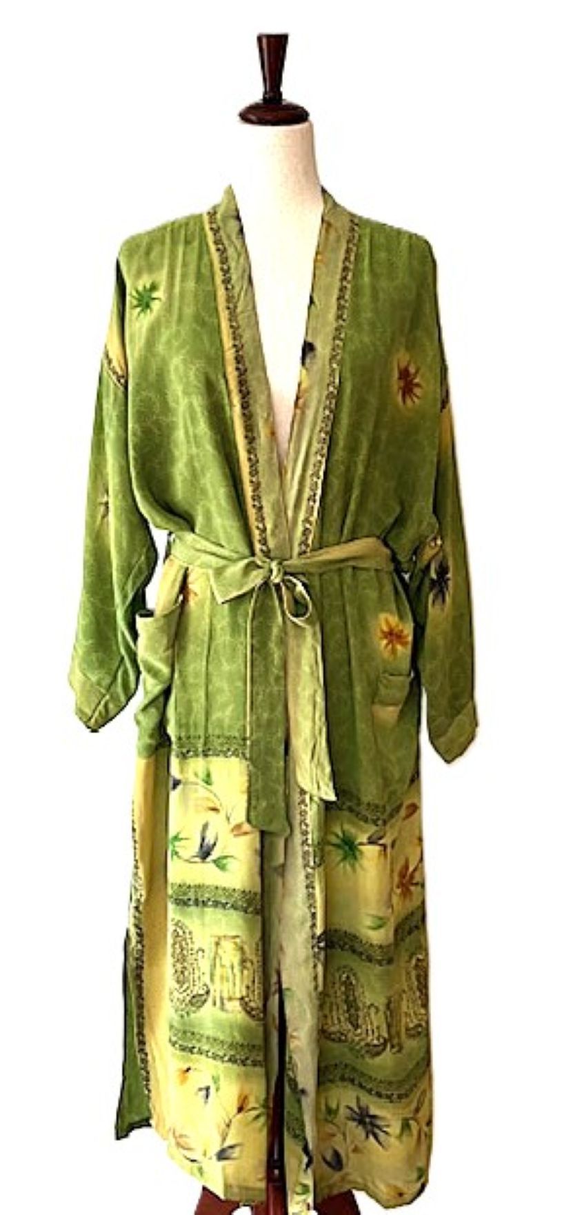 Long Silk Kimono Duster, Dramatic Print Is Perfect For Layering. (Avocado)