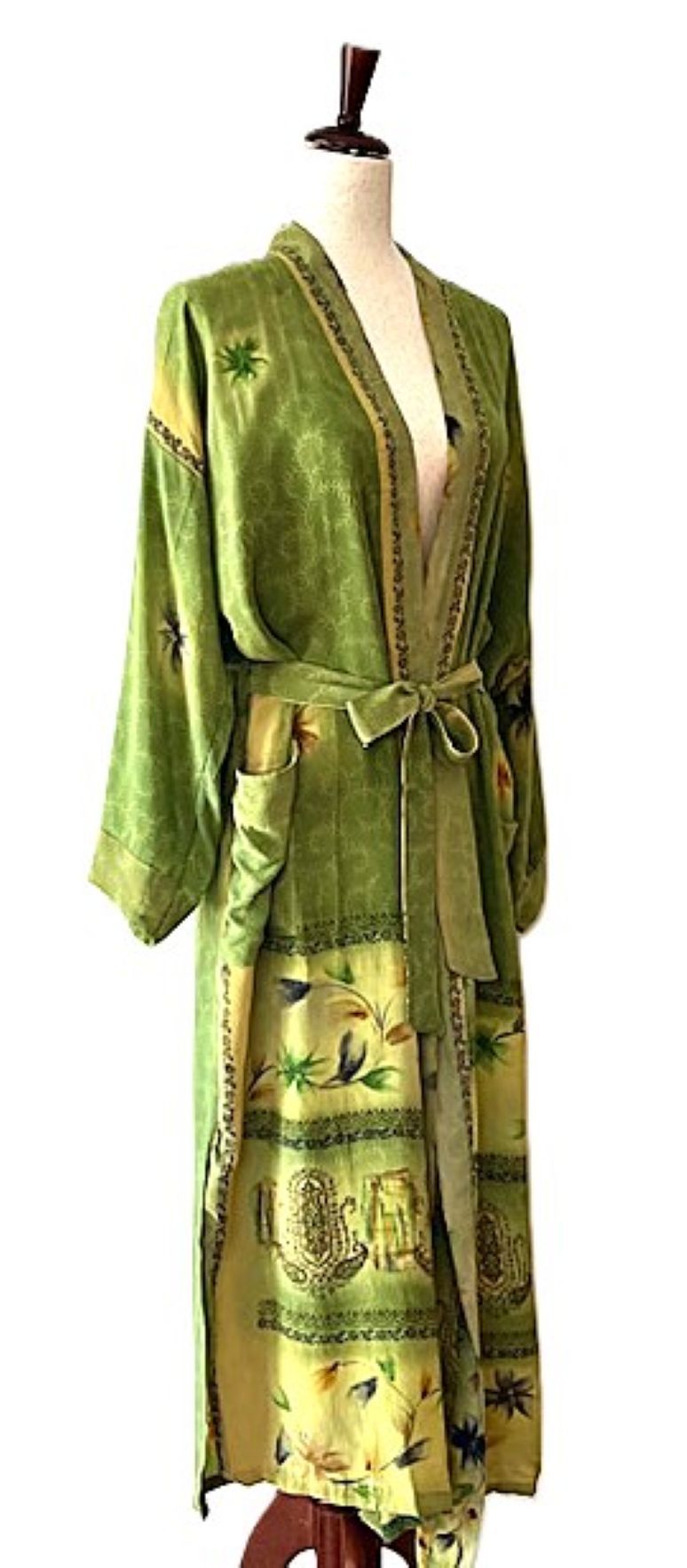 Long Silk Kimono Duster, Dramatic Print Is Perfect For Layering. (Avocado)