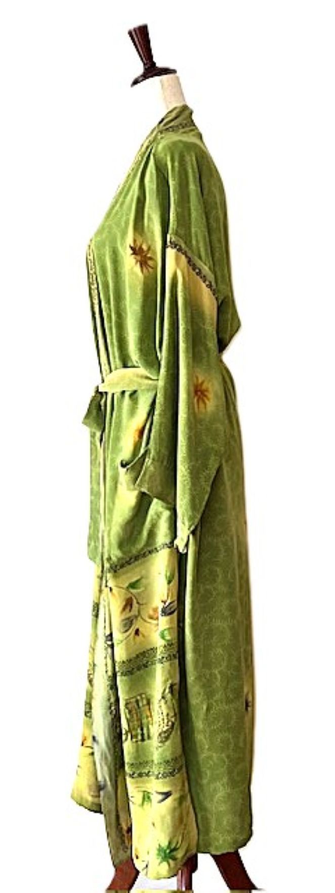 Long Silk Kimono Duster, Dramatic Print Is Perfect For Layering. (Avocado)