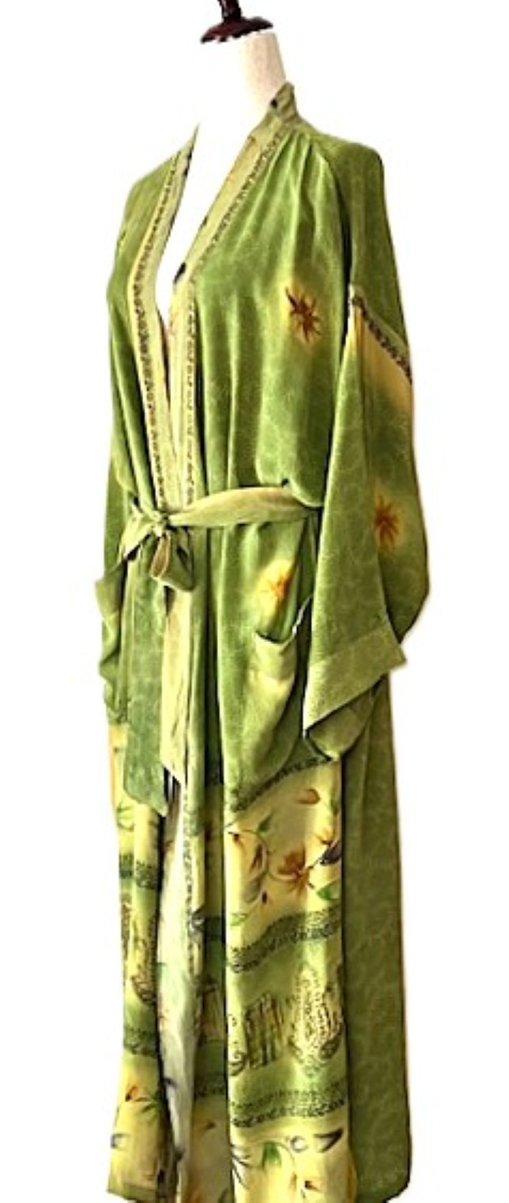 Long Silk Kimono Duster, Dramatic Print Is Perfect For Layering. (Avocado)
