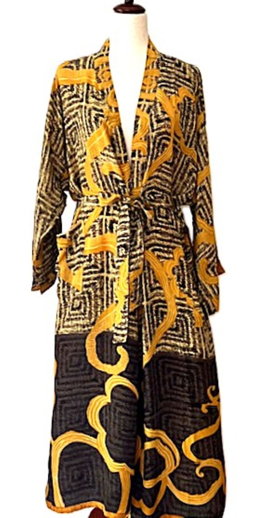 Long Silk Kimono Duster, Abstract Print That Will Draw Attention. (Black Gold)
