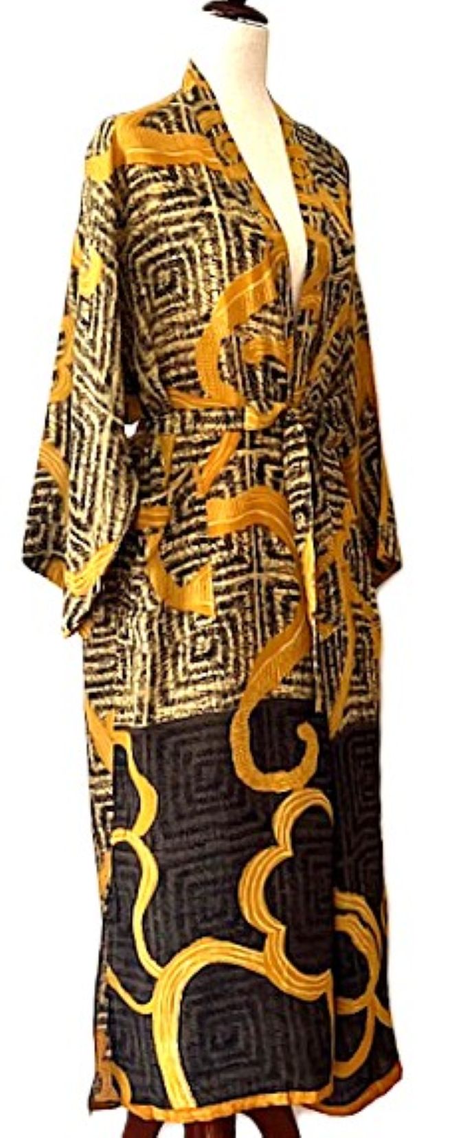 Long Silk Kimono Duster, Abstract Print That Will Draw Attention. (Black Gold)