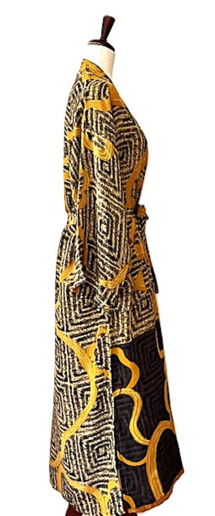 Long Silk Kimono Duster, Abstract Print That Will Draw Attention. (Black Gold)