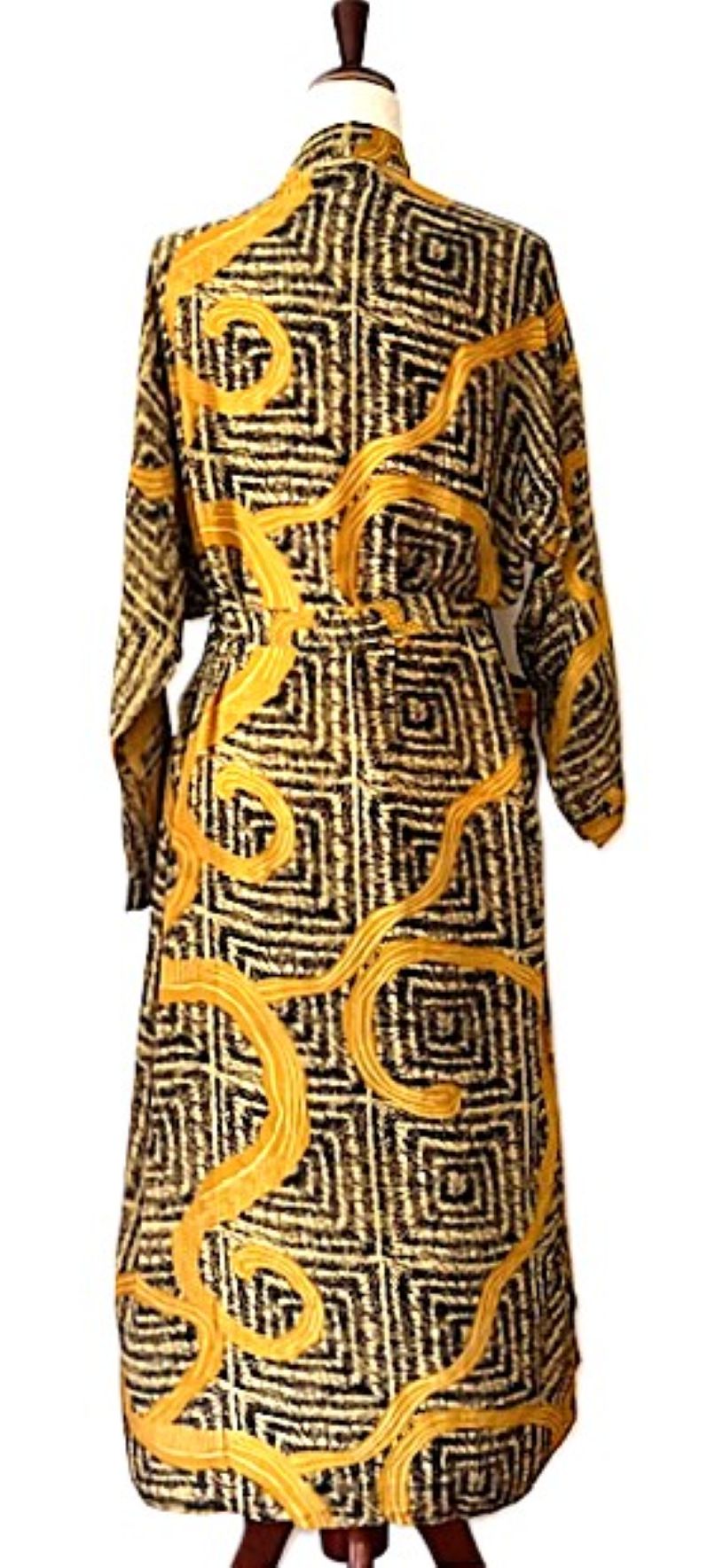 Long Silk Kimono Duster, Abstract Print That Will Draw Attention. (Black Gold)