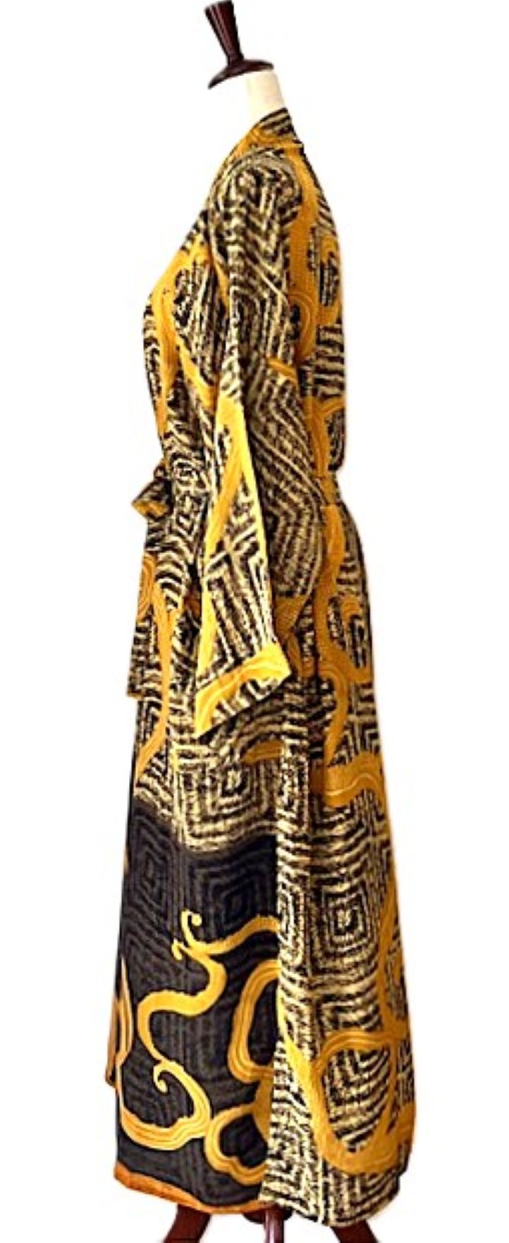Long Silk Kimono Duster, Abstract Print That Will Draw Attention. (Black Gold)