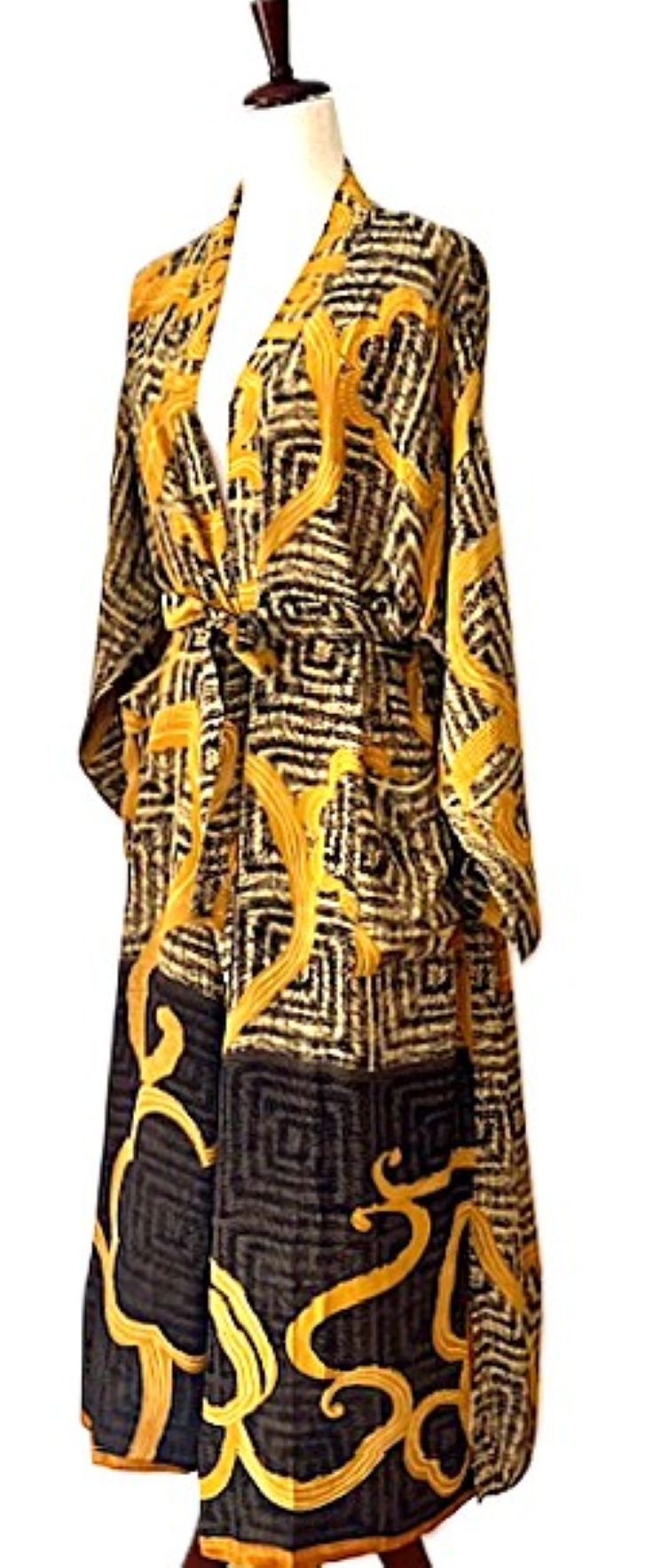 Long Silk Kimono Duster, Abstract Print That Will Draw Attention. (Black Gold)
