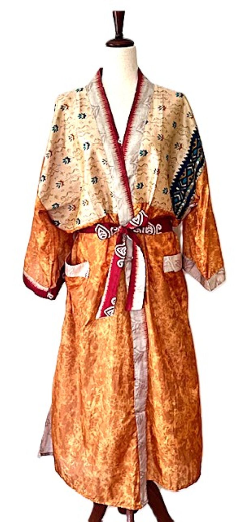 Long Silk Mixed Print Kimono Duster Is Feminine And Demure. (Apricot)