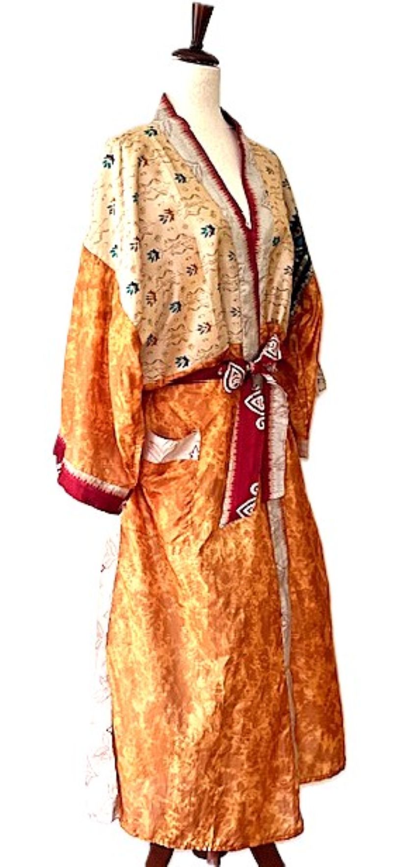 Long Silk Mixed Print Kimono Duster Is Feminine And Demure. (Apricot)