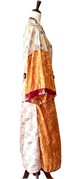 Long Silk Mixed Print Kimono Duster Is Feminine And Demure. (Apricot)