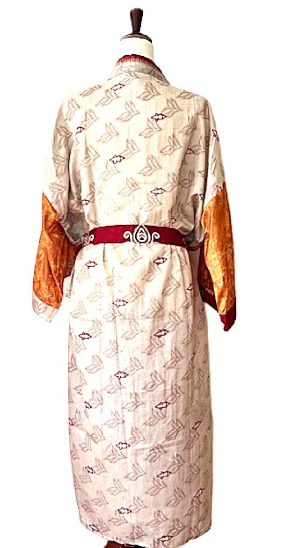 Long Silk Mixed Print Kimono Duster Is Feminine And Demure. (Apricot)