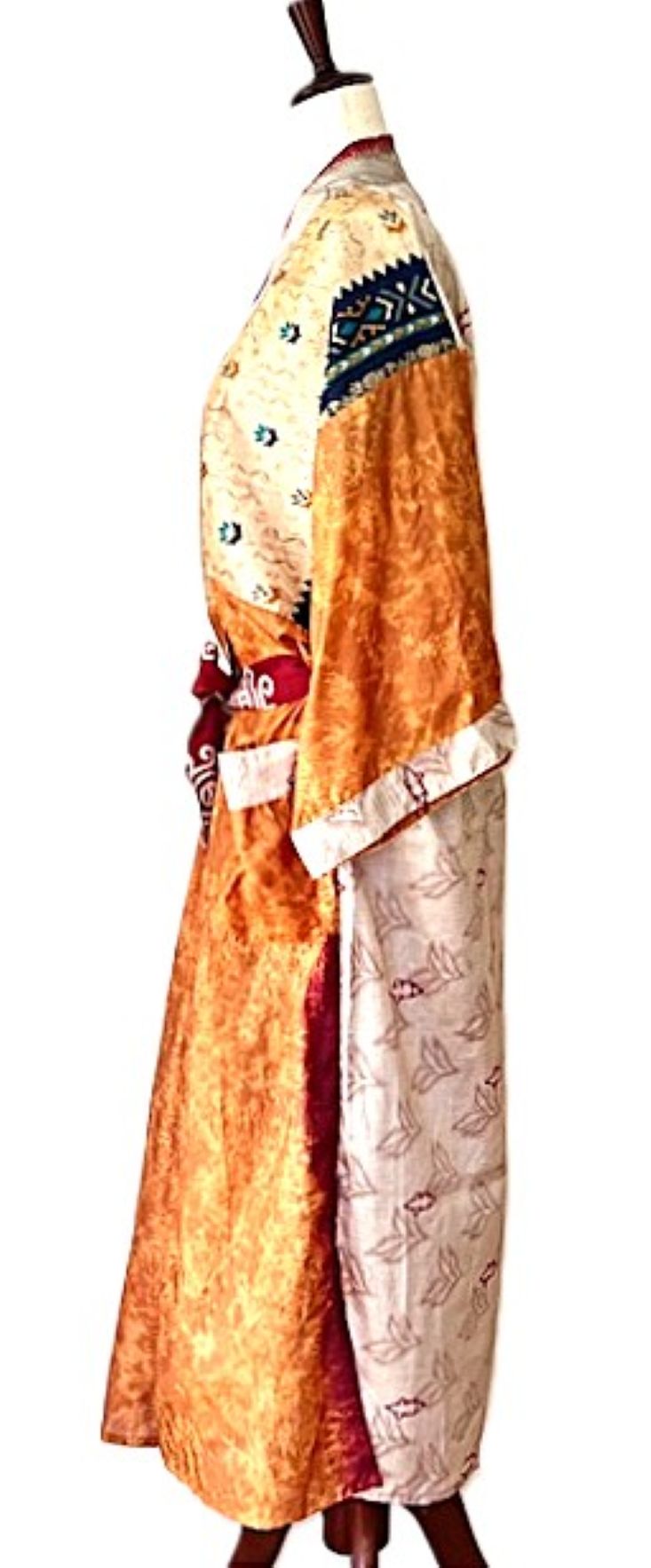 Long Silk Mixed Print Kimono Duster Is Feminine And Demure. (Apricot)