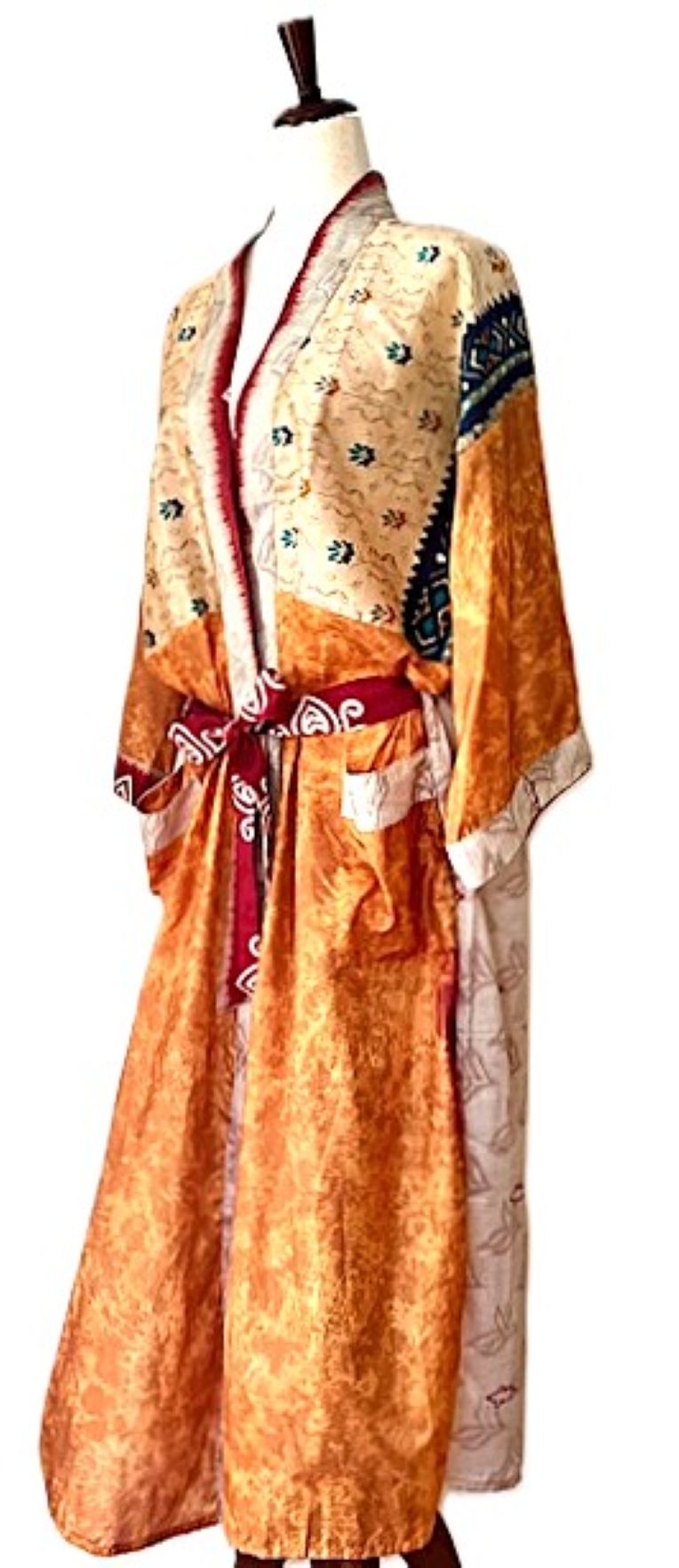 Long Silk Mixed Print Kimono Duster Is Feminine And Demure. (Apricot)