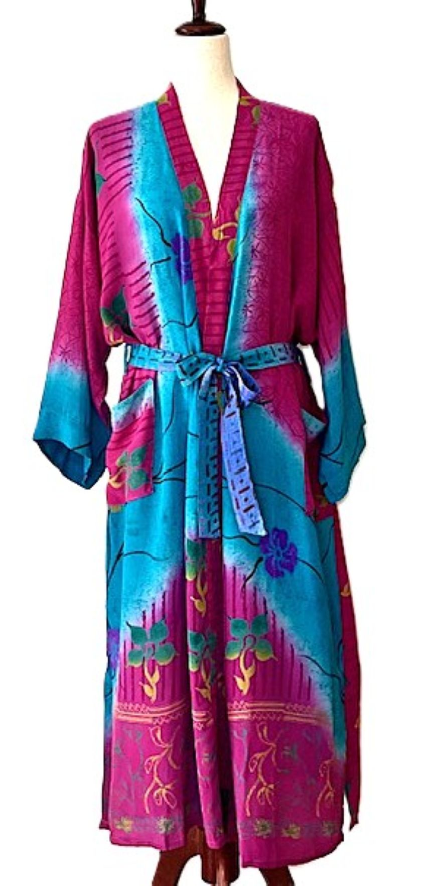 Long Silk Color Blocked Kimono Duster Is Bold And Eye Catching (Turquoise Plum)