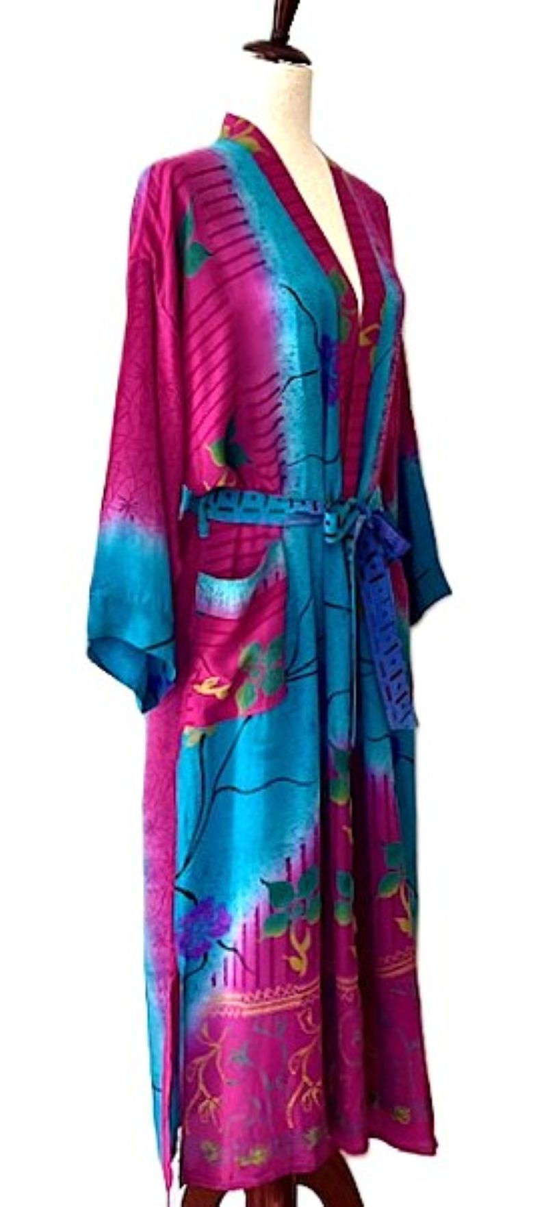 Long Silk Color Blocked Kimono Duster Is Bold And Eye Catching (Turquoise Plum)