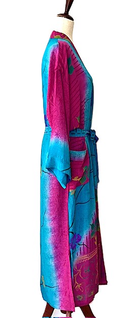 Long Silk Color Blocked Kimono Duster Is Bold And Eye Catching (Turquoise Plum)