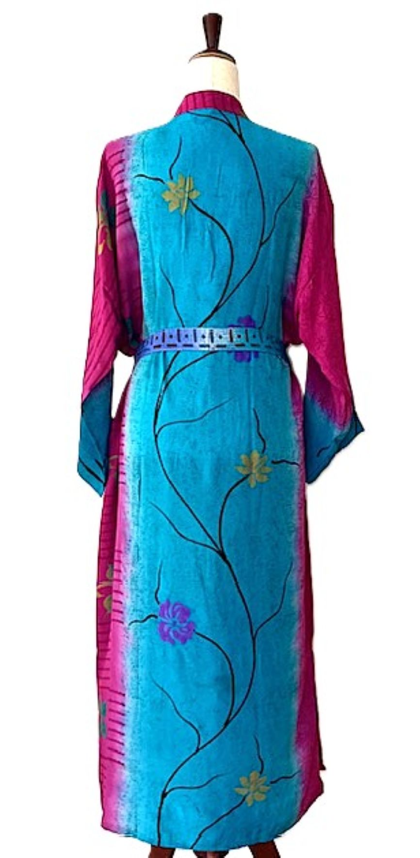 Long Silk Color Blocked Kimono Duster Is Bold And Eye Catching (Turquoise Plum)