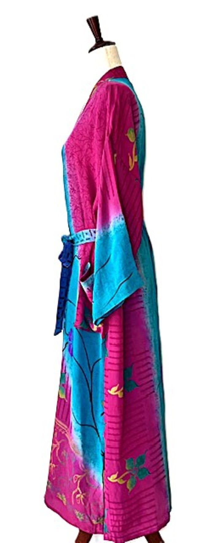 Long Silk Color Blocked Kimono Duster Is Bold And Eye Catching (Turquoise Plum)