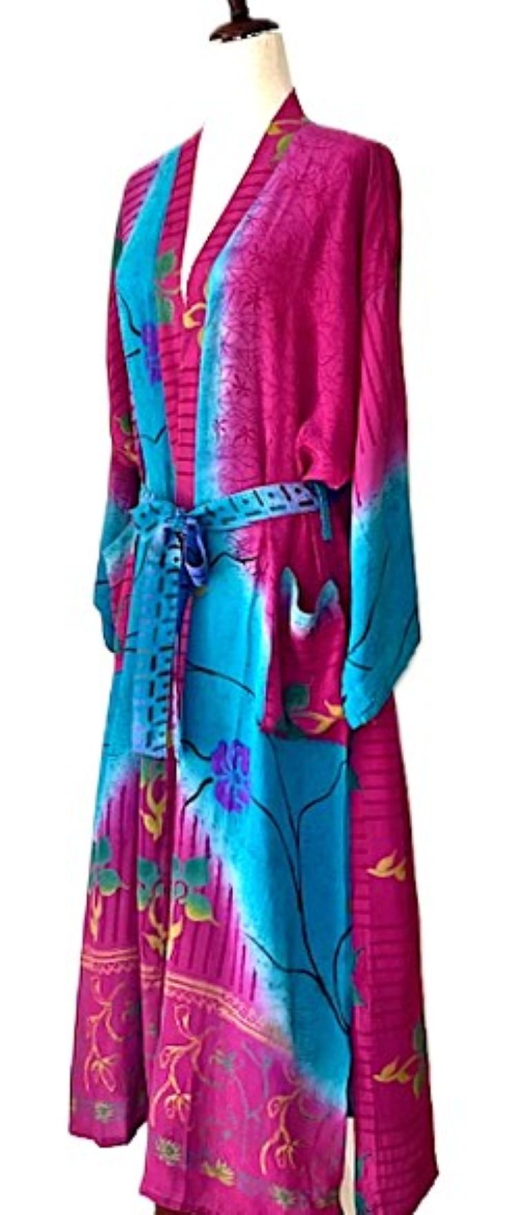 Long Silk Color Blocked Kimono Duster Is Bold And Eye Catching (Turquoise Plum)
