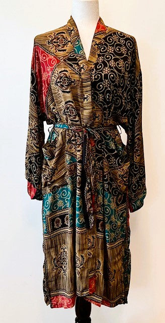 Top of the Line Silk Kimono Duster, Rich Fall Colors (Brown)
