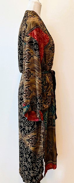 Top of the Line Silk Kimono Duster, Rich Fall Colors (Brown)