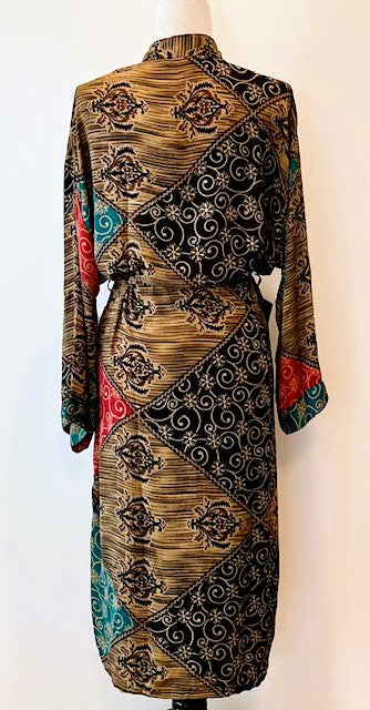Top of the Line Silk Kimono Duster, Rich Fall Colors (Brown)