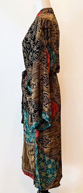Top of the Line Silk Kimono Duster, Rich Fall Colors (Brown)