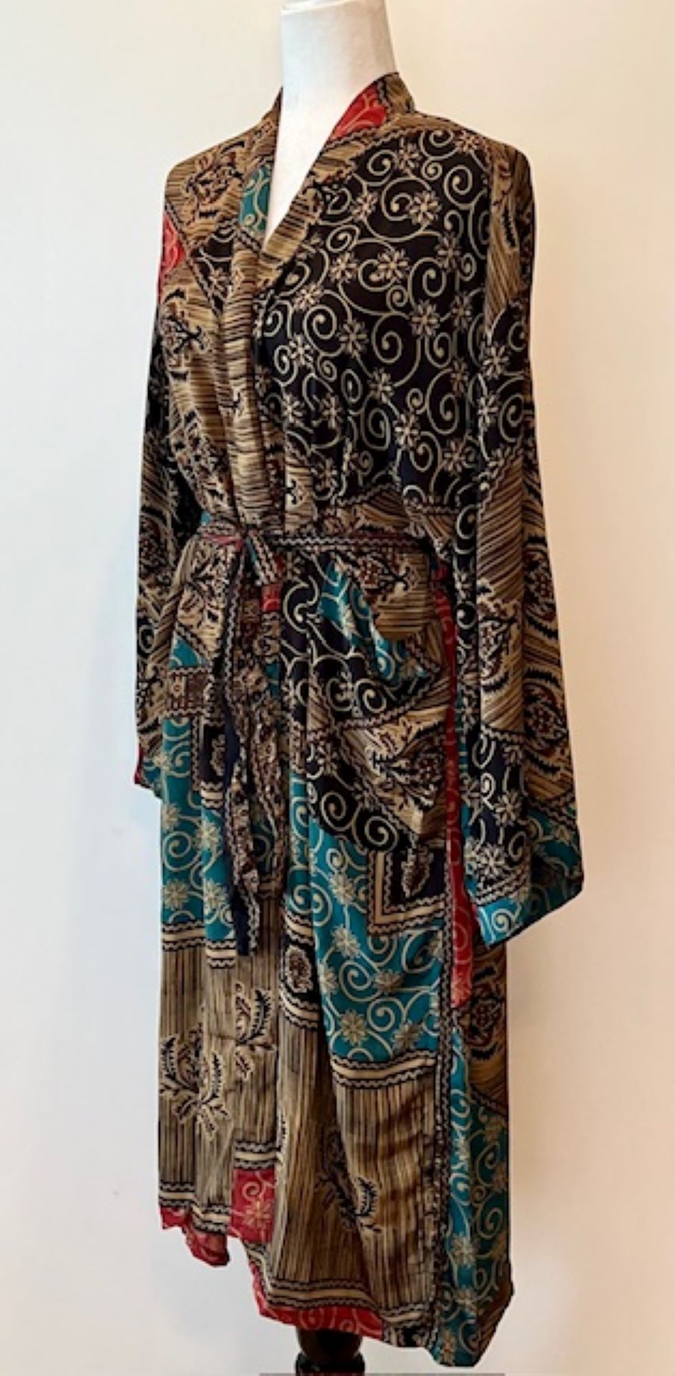 Top of the Line Silk Kimono Duster, Rich Fall Colors (Brown)