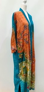 Top of the Line Silk Kimono Duster, Rich Mixed Print With Embroidery