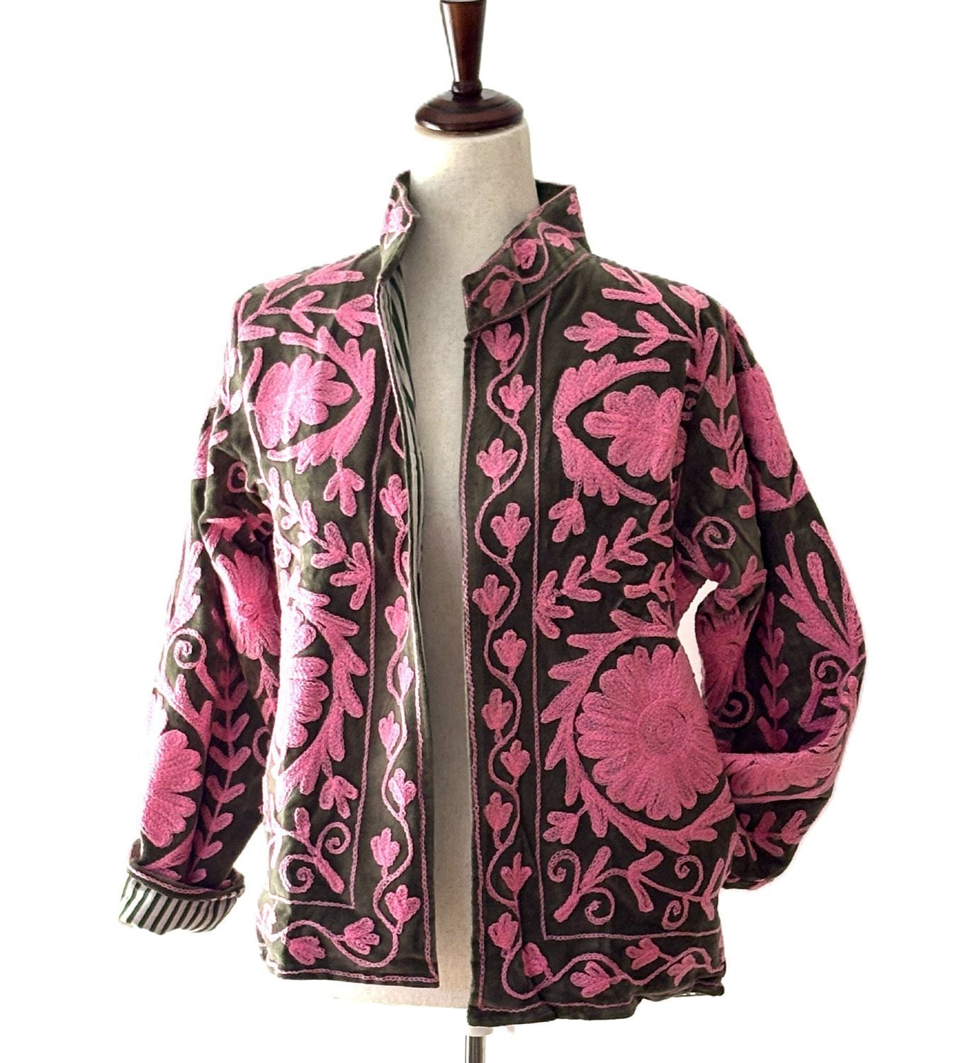 Jacket, Wearable Art In This Hand Embroidered Short Suzani Embroidered Top (Pink Olive)