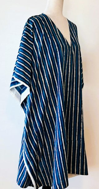 Classic Short Striped Handmade Caftan. Lounging, Beach or Pool Perfect. (Navy Stripe)