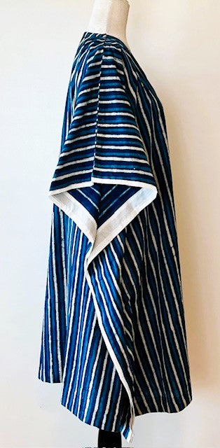 Classic Short Striped Handmade Caftan. Lounging, Beach or Pool Perfect. (Navy Stripe)
