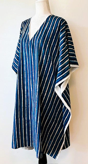 Classic Short Striped Handmade Caftan. Lounging, Beach or Pool Perfect. (Navy Stripe)