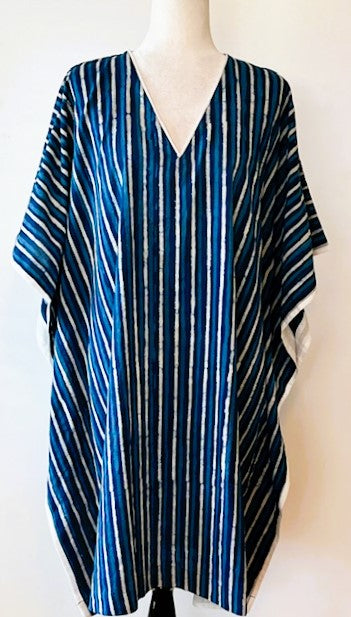 Classic Short Striped Handmade Caftan. Lounging, Beach or Pool Perfect. (Navy Stripe)