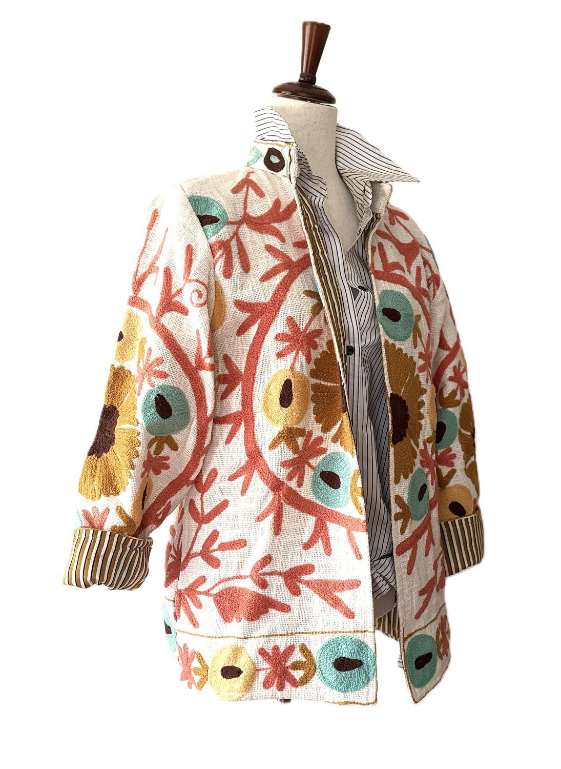 Jacket, Wearable Art, Hand Embroidered Short Suzani Top (Cream)