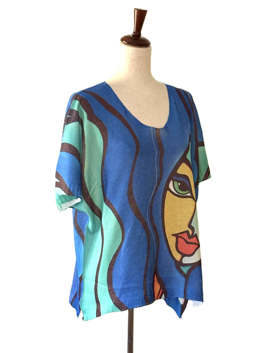 Italian Knit Sweater, One Size Blue Pop Art Face Knit