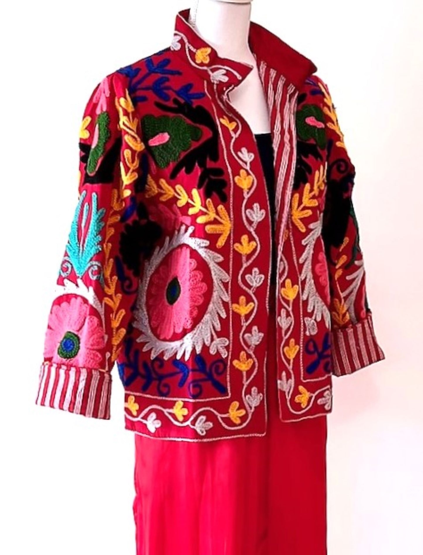 Wearable Art In This Hand Embroidered Short Jacket. (Red)