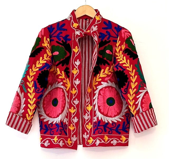 Wearable Art In This Hand Embroidered Short Jacket. (Red)