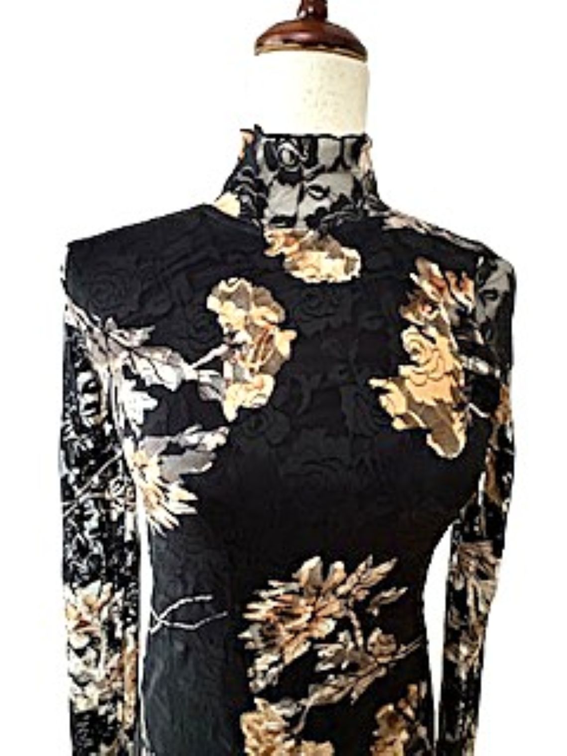 Dresses: Floral-Print Lace Long-Sleeve Mock-Neck Midi Dress (Black)