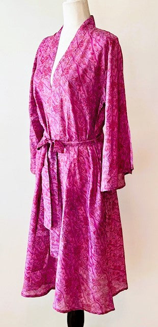 Cape Sleeve Silk Kimono Duster Dress : Hot New Style (Raspberry)