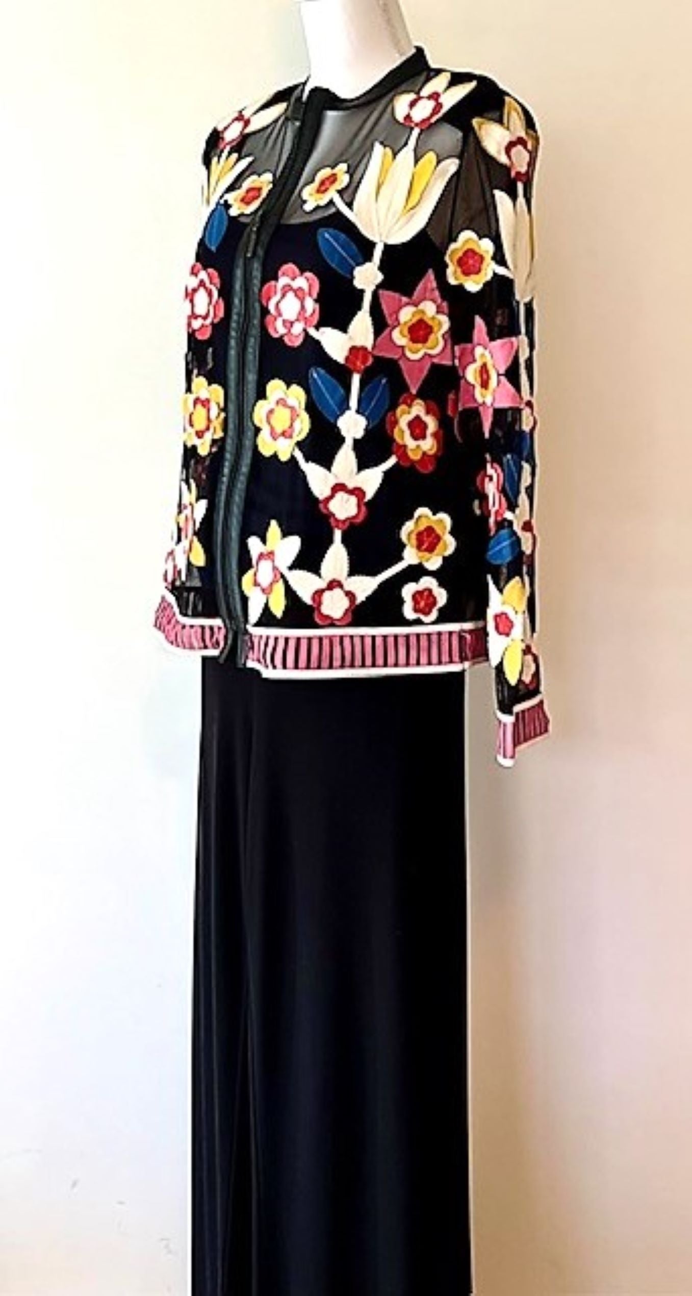 Fully Embroidered Designer Jacket Embellished With Colorful Leather Flowers