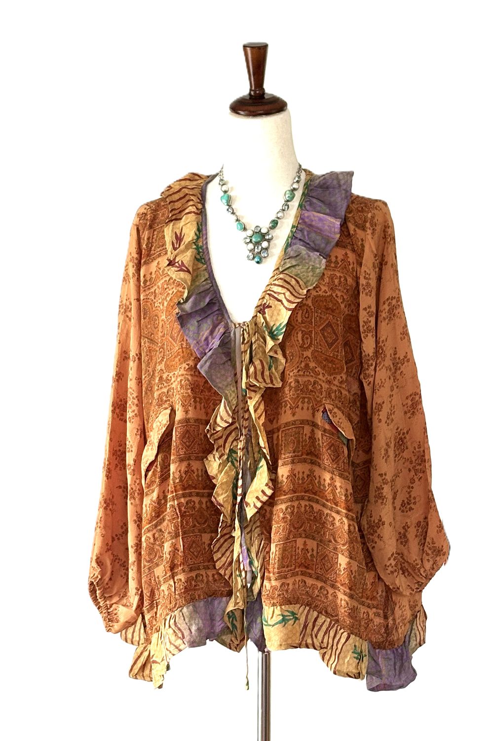 Kantha Bae Crepe Sari Ruffle Daisy Blouse (Bronze)