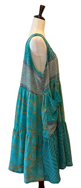 Kantha Bae Silk Meadow Mini Dress Twirls. (Teal)