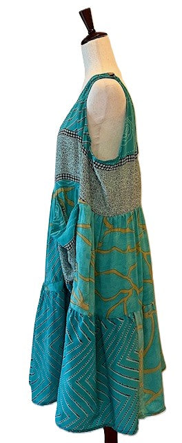 Kantha Bae Silk Meadow Mini Dress Twirls. (Teal)