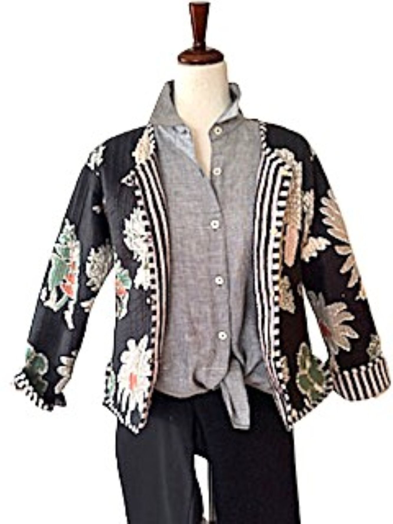 Fully Reversible Cotton Quilted Botanical Print Jacket. (Black )