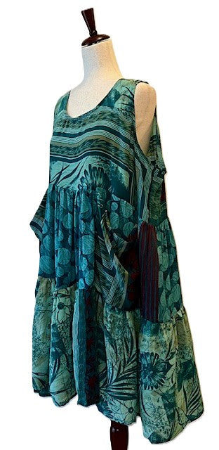 Kantha Bae Silk Meadow Mini Dress Twirls. (Teal Blue)