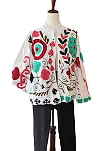 Jacket - Wearable Art, Embroidered, Cotton Velvet Boho Kimono Box Cut. Available In 2 Colors.