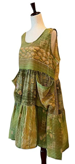 Kantha Bae Silk Meadow Mini Dress Twirls. (Light Green)