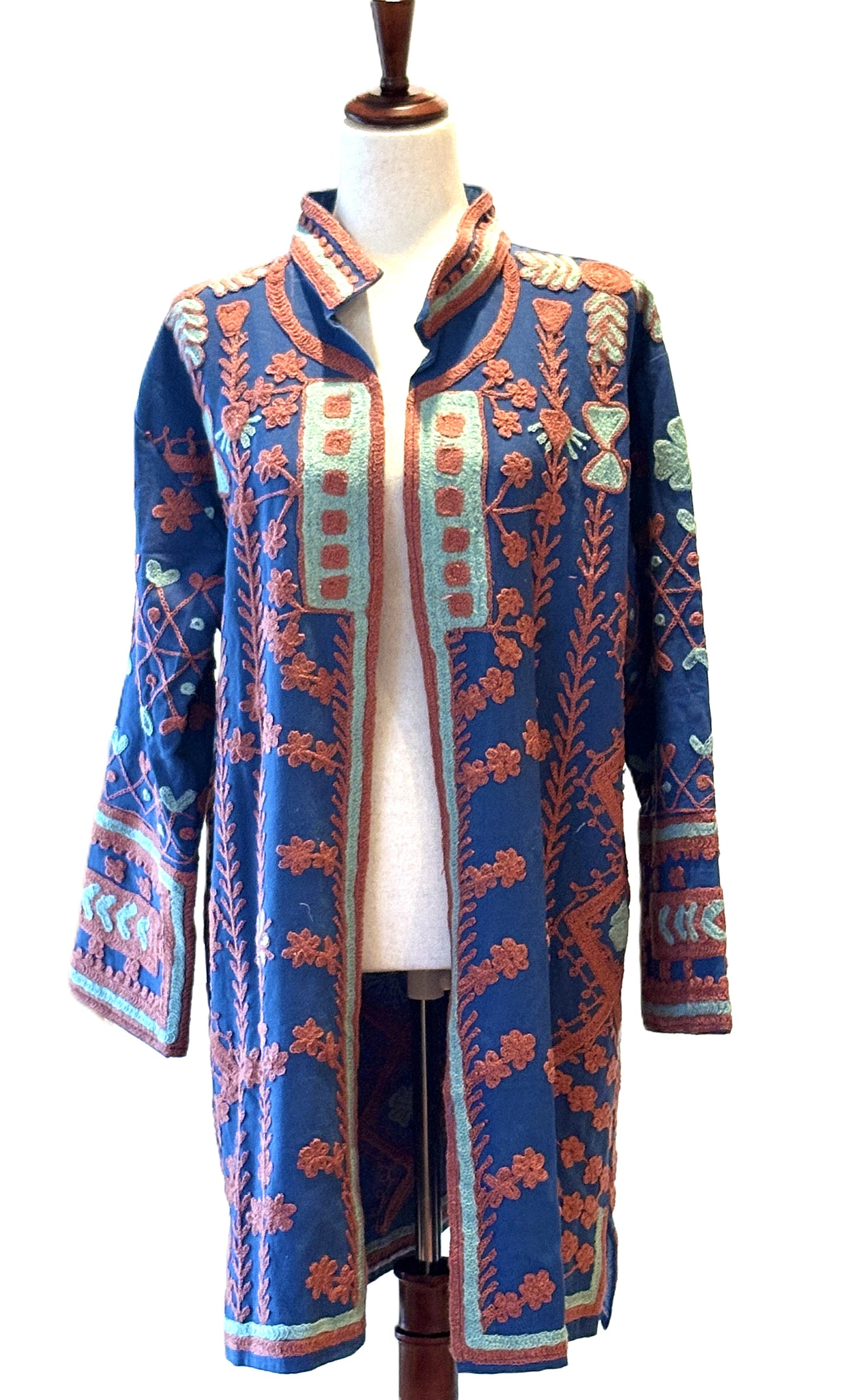 Jacket - Wearable Art, Light Weight Hand Embroidered Cotton Kimono Coat (Royal)